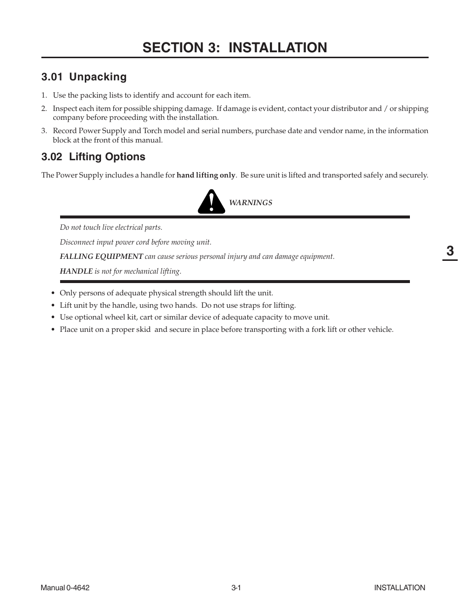 Section 3: installation, 01 unpacking, 02 lifting options | Section 3: installation -1, 01 unpacking -1 3.02 lifting options -1 | Tweco CutMaster 101 with SL100SV User Manual | Page 25 / 172