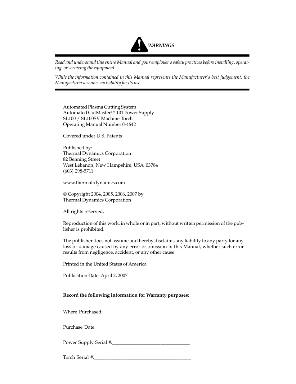 Tweco CutMaster 101 with SL100SV User Manual | Page 3 / 172