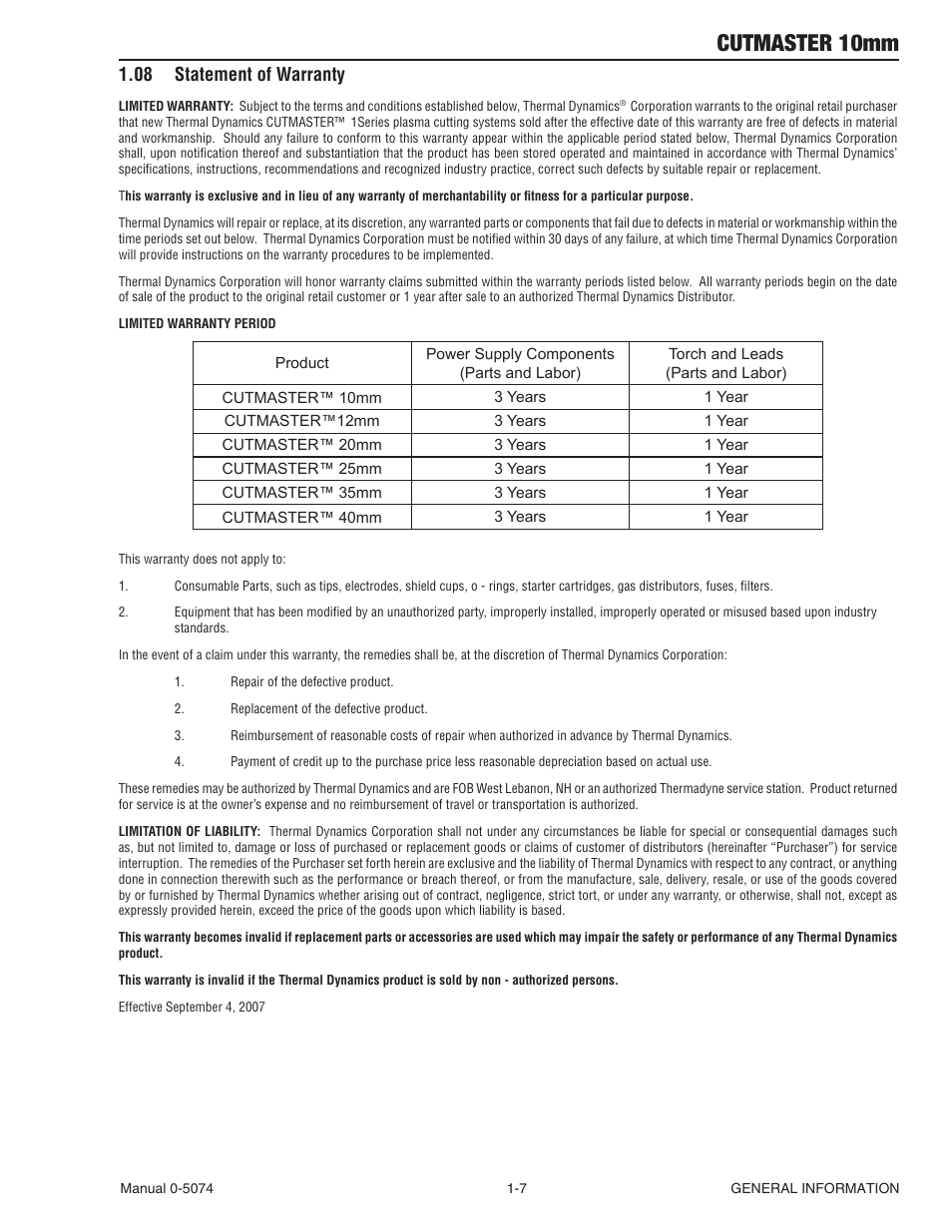 08 statement of warranty, Cutmaster 10mm | Tweco CutMaster 10mm User Manual | Page 13 / 66