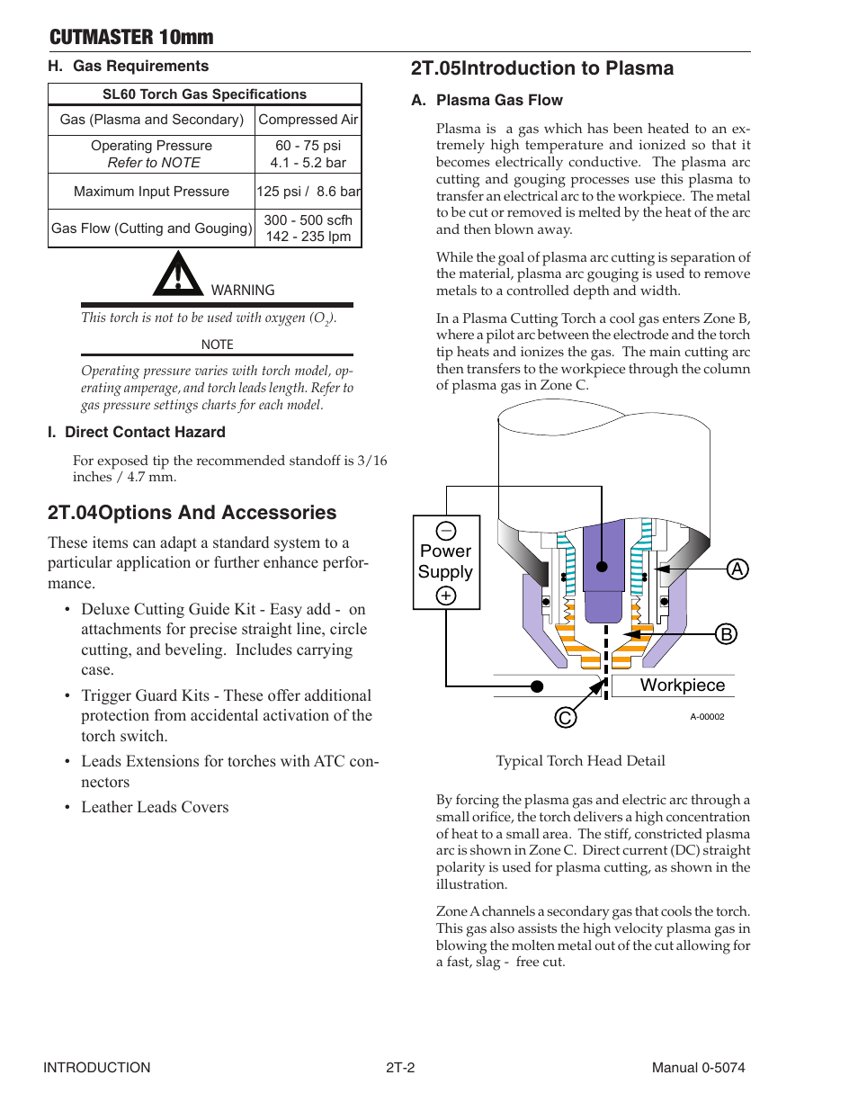 2t.04 options and accessories, 2t.05 introduction to plasma, Cutmaster 10mm | Tweco CutMaster 10mm User Manual | Page 20 / 66