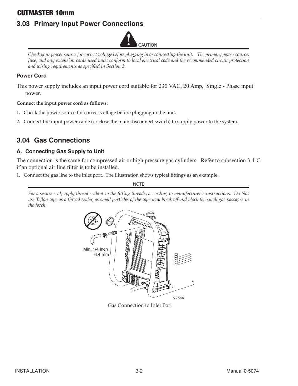 03 primary input power connections, 04 gas connections, Cutmaster 10mm | Tweco CutMaster 10mm User Manual | Page 24 / 66