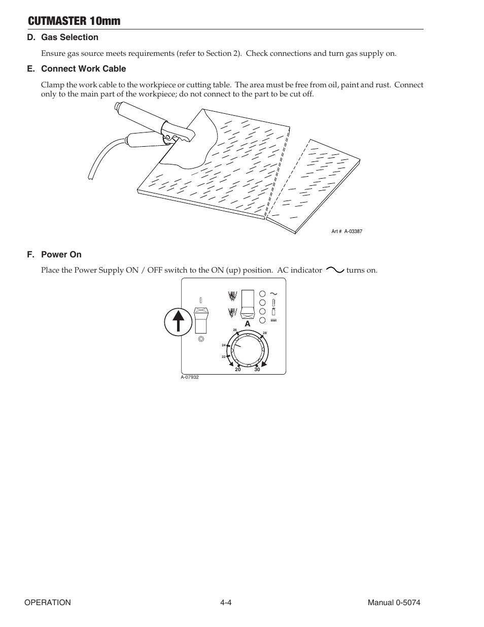 Cutmaster 10mm, D. gas selection, E. connect work cable | F. power on | Tweco CutMaster 10mm User Manual | Page 30 / 66
