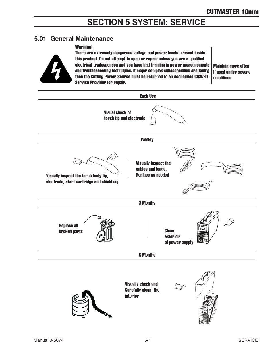 Section 5 system: service, 01 general maintenance, Cutmaster 10mm | Tweco CutMaster 10mm User Manual | Page 43 / 66