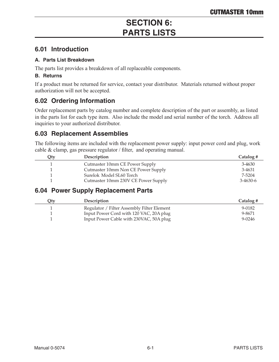 Section 6: parts lists, 01 introduction, 02 ordering information | 03 replacement assemblies, 04 power supply replacement parts, Cutmaster 10mm | Tweco CutMaster 10mm User Manual | Page 55 / 66