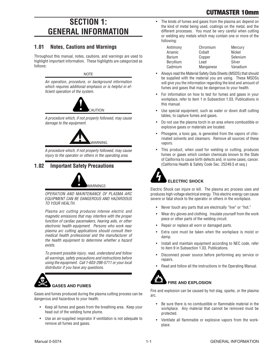 Section 1: general information, 01 notes, cautions and warnings, 02 important safety precautions | Cutmaster 10mm | Tweco CutMaster 10mm User Manual | Page 7 / 66