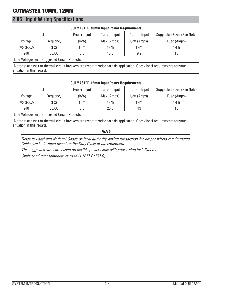 Cutmaster 10mm, 12mm, 06 input wiring speciﬁ cations | Tweco CutMaster 10mm-12mm User Manual | Page 16 / 44