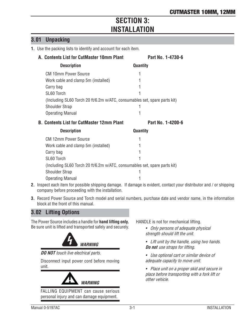 Cutmaster 10mm, 12mm, 01 unpacking, 02 lifting options | Tweco CutMaster 10mm-12mm User Manual | Page 21 / 44