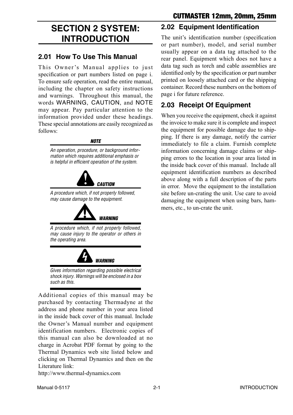 Section 2 system: introduction, 01 how to use this manual, 02 equipment identification | 03 receipt of equipment, Section 2 system: introduction -1, How to use this manual -1, Equipment identification -1, Receipt of equipment -1 | Tweco CutMaster 12mm-20mm-25mm User Manual | Page 15 / 80