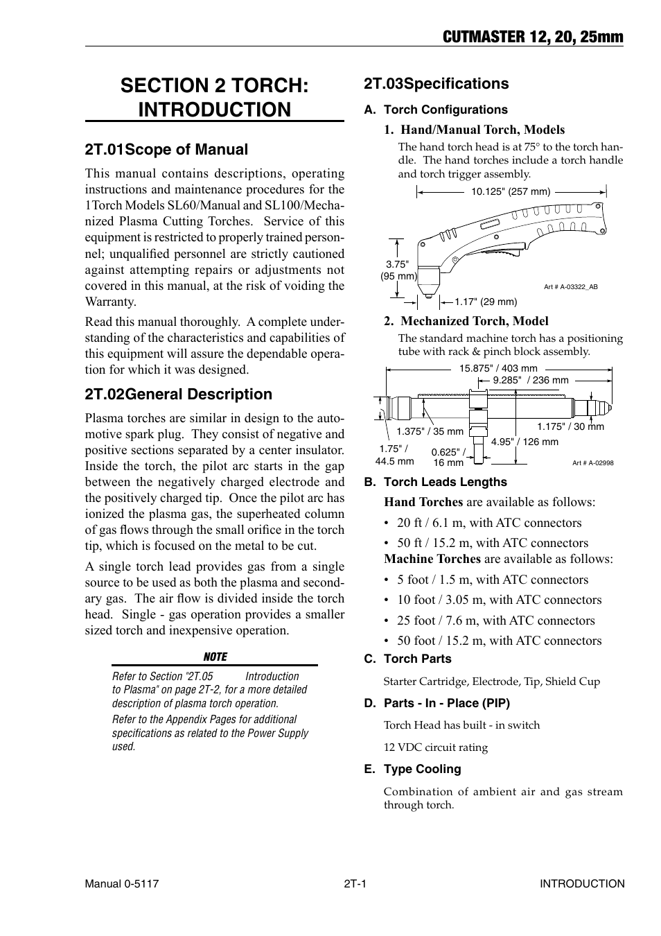 Section 2 torch: introduction, 2t.01 scope of manual, 2t.02 general description | 2t.03 specifications, Section 2 torch: introduction t-1 | Tweco CutMaster 12mm-20mm-25mm User Manual | Page 19 / 80