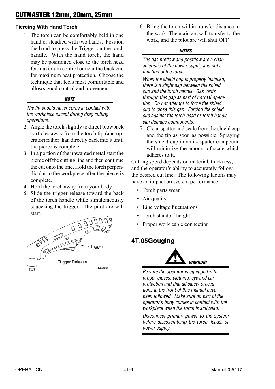 4t.05 gouging, 4t.05 gouging t-6 | Tweco CutMaster 12mm-20mm-25mm User Manual | Page 38 / 80