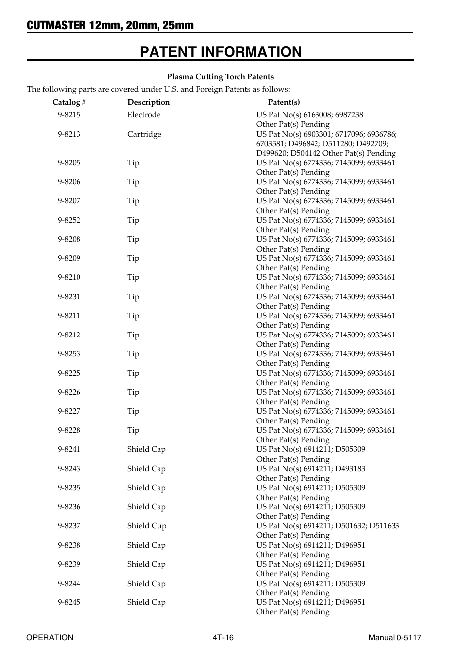 Patent information, Patent information t-16 | Tweco CutMaster 12mm-20mm-25mm User Manual | Page 48 / 80