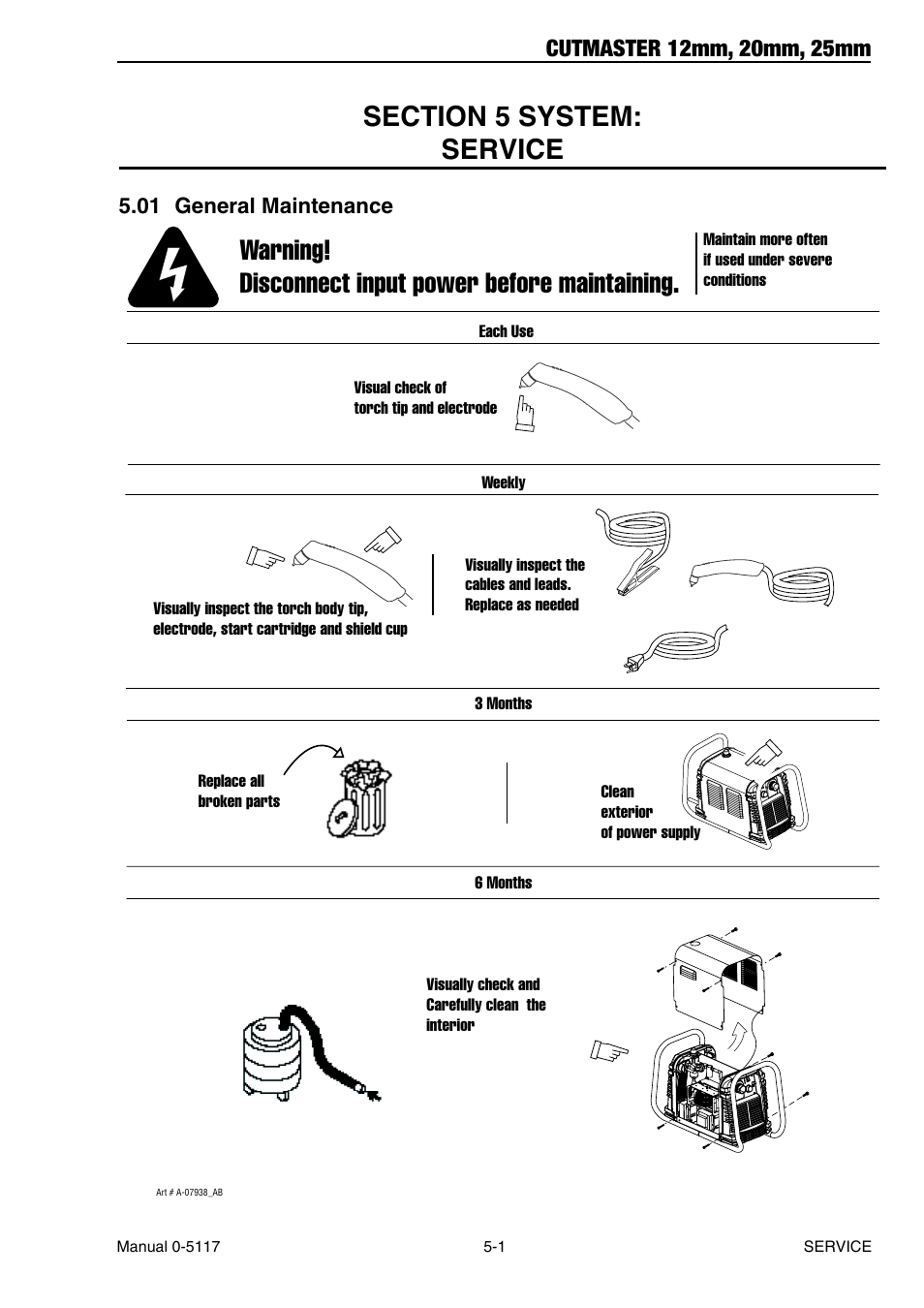 Section 5 system: service, 01 general maintenance, Section 5 system: service -1 | General maintenance -1, Warning! disconnect input power before maintaining | Tweco CutMaster 12mm-20mm-25mm User Manual | Page 51 / 80