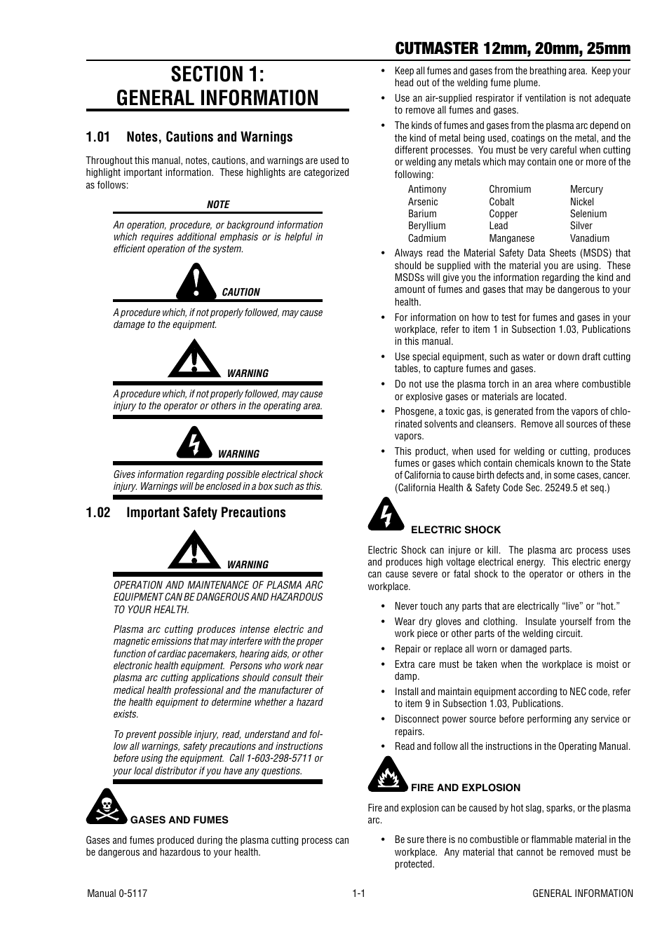 Section 1: general information, 01 notes, cautions and warnings, 02 important safety precautions | Section 1: general information -1, Notes, cautions and warnings -1, Important safety precautions -1 | Tweco CutMaster 12mm-20mm-25mm User Manual | Page 7 / 80