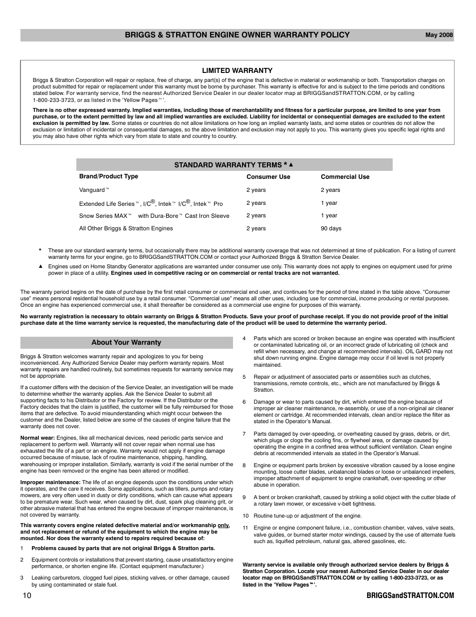 Limited warranty standard warranty terms, About your warranty | Briggs & Stratton 540000 User Manual | Page 10 / 28