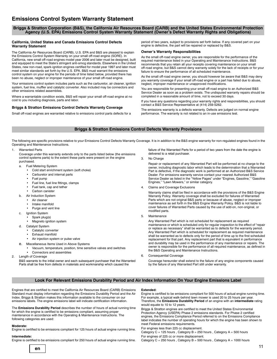 Emissions control system warranty statement, 11 en | Briggs & Stratton 540000 User Manual | Page 11 / 28