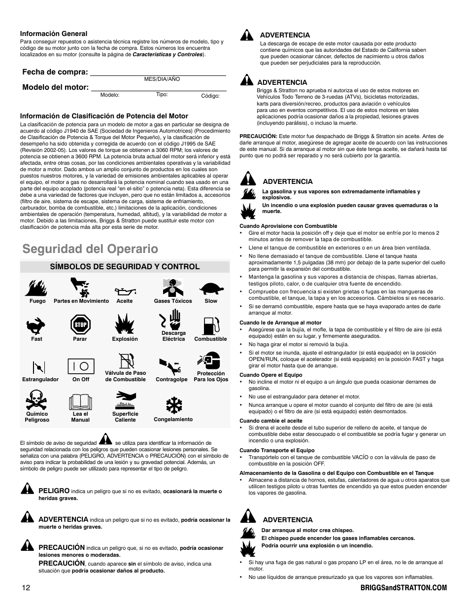 Seguridad del operario, Fecha de compra: modelo del motor, Símbolos de seguridad y control | Información general, Información de clasificación de potencia del motor, Peligro, Advertencia, Precaución | Briggs & Stratton 540000 User Manual | Page 12 / 28