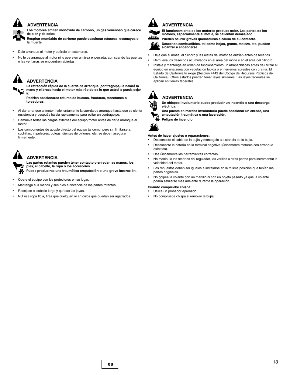 13 es, Advertencia | Briggs & Stratton 540000 User Manual | Page 13 / 28