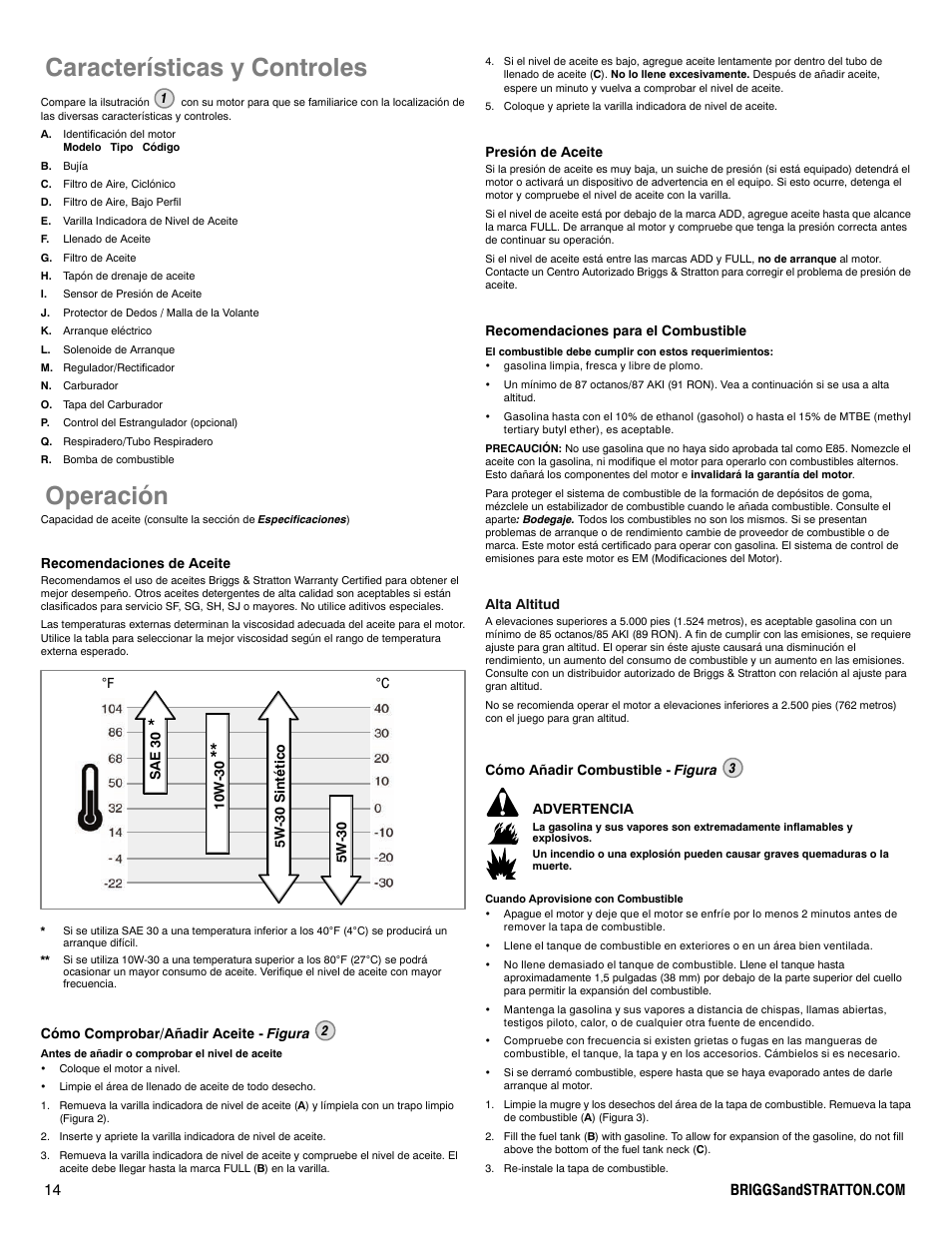 Características y controles, Operación | Briggs & Stratton 540000 User Manual | Page 14 / 28