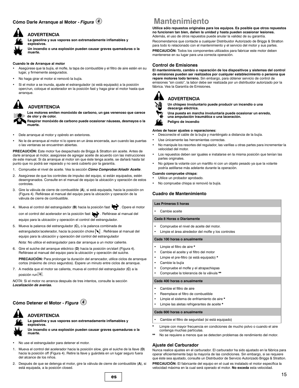 Mantenimiento, 15 es, Advertencia | Cómo detener el motor - figura 4 advertencia, Control de emisiones, Cuadro de mantenimiento, Ajuste del carburador | Briggs & Stratton 540000 User Manual | Page 15 / 28