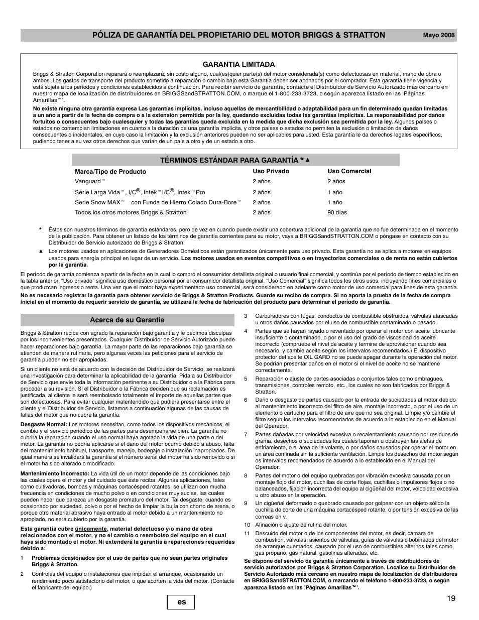 Garantia limitada términos estándar para garantía, Acerca de su garantía | Briggs & Stratton 540000 User Manual | Page 19 / 28