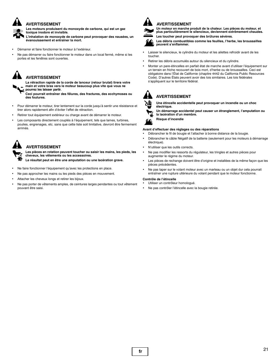 21 fr, Avertissement | Briggs & Stratton 540000 User Manual | Page 21 / 28
