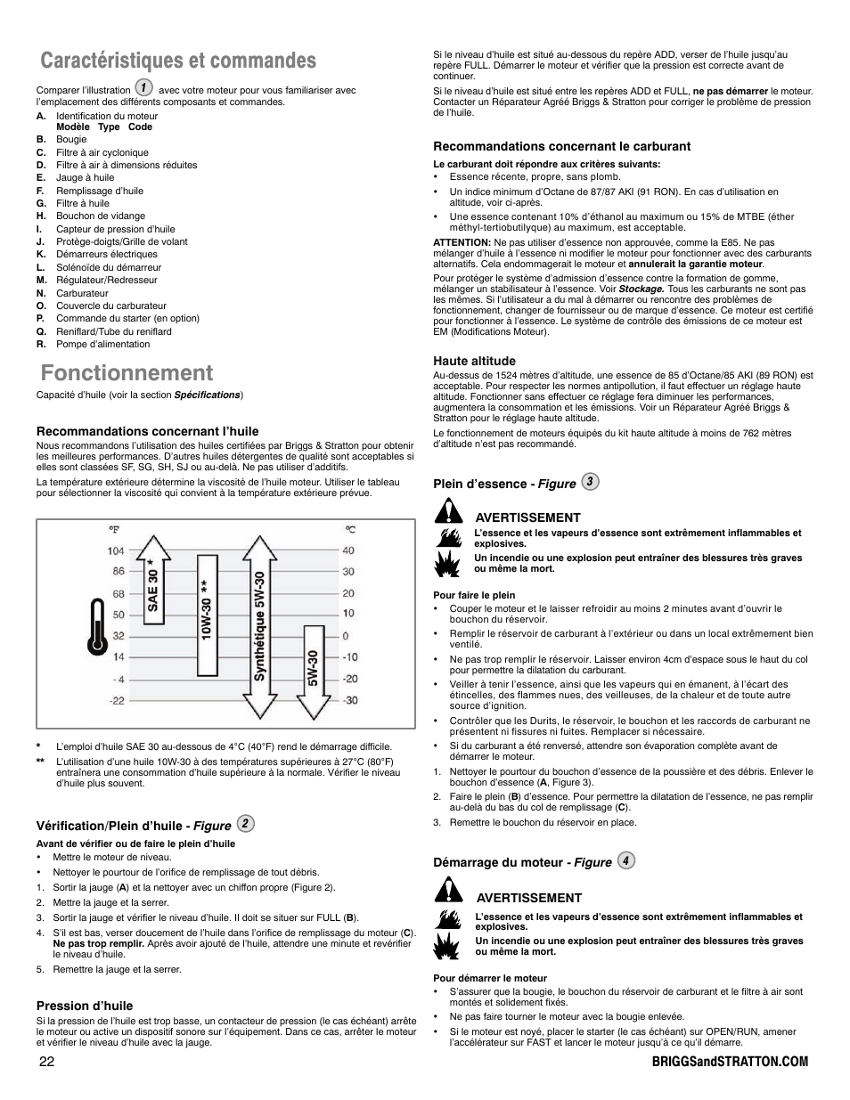 Caractéristiques et commandes, Fonctionnement | Briggs & Stratton 540000 User Manual | Page 22 / 28