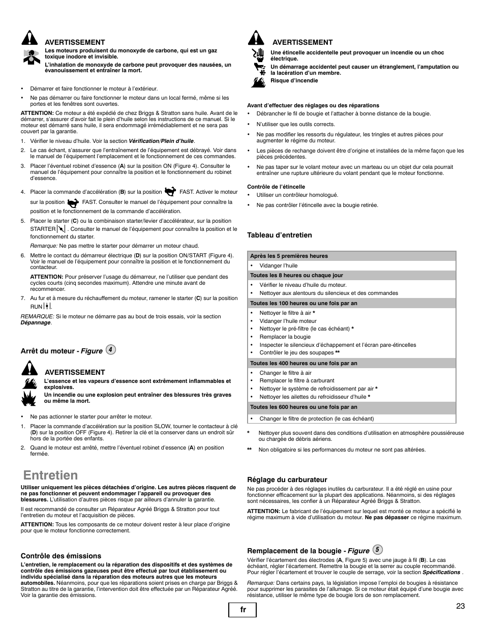 Entretien, 23 fr, Avertissement | Arrêt du moteur - figure 4 avertissement, Contrôle des émissions, Tableau d’entretien, Réglage du carburateur, Remplacement de la bougie - figure 5 | Briggs & Stratton 540000 User Manual | Page 23 / 28