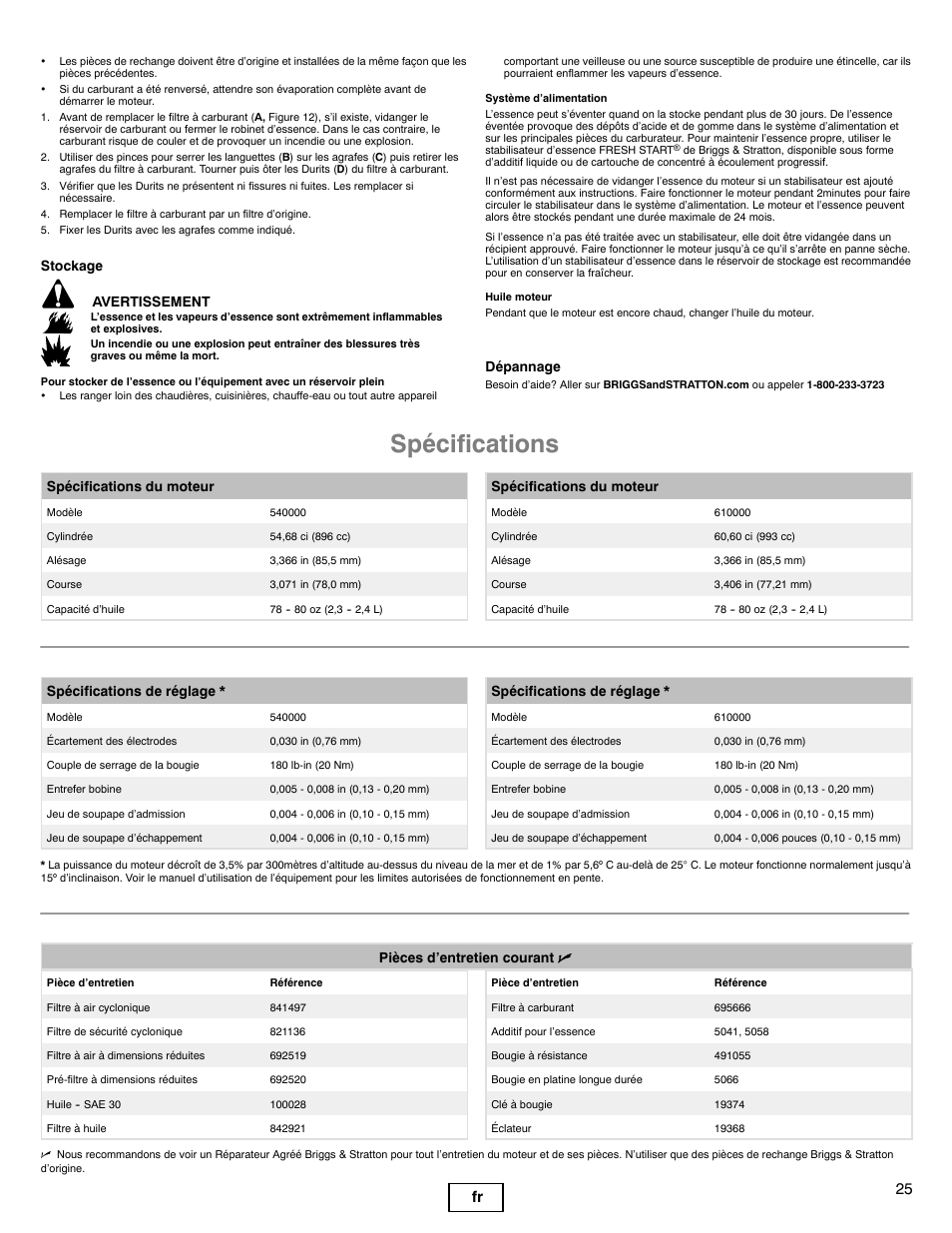 Spécifications, 25 fr, Stockage | Avertissement, Dépannage, Spécifications du moteur, Spécifications de réglage, Pièces d’entretien courant n | Briggs & Stratton 540000 User Manual | Page 25 / 28