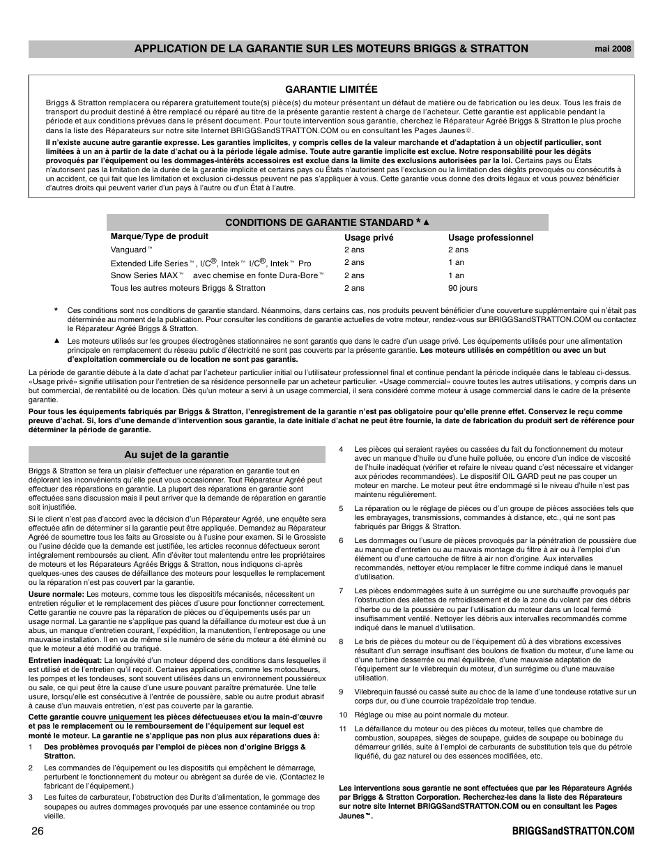 Garantie limitée conditions de garantie standard, Au sujet de la garantie | Briggs & Stratton 540000 User Manual | Page 26 / 28