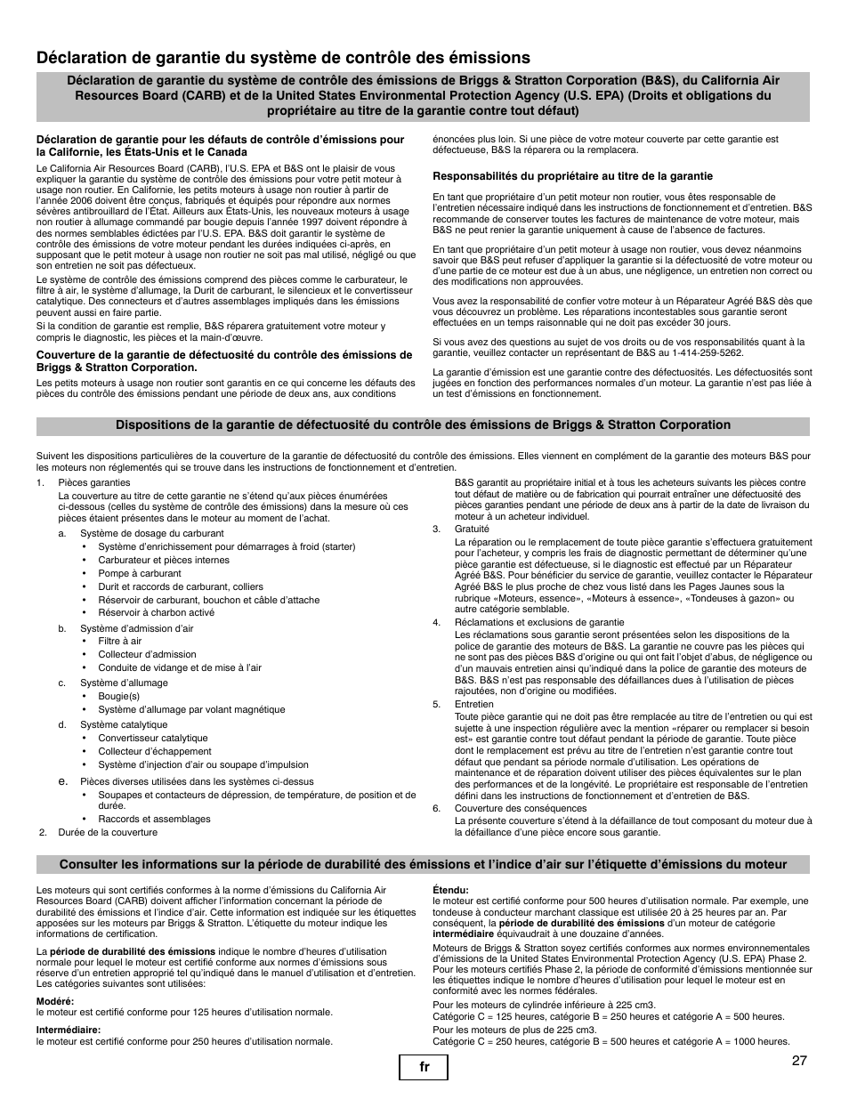27 fr | Briggs & Stratton 540000 User Manual | Page 27 / 28