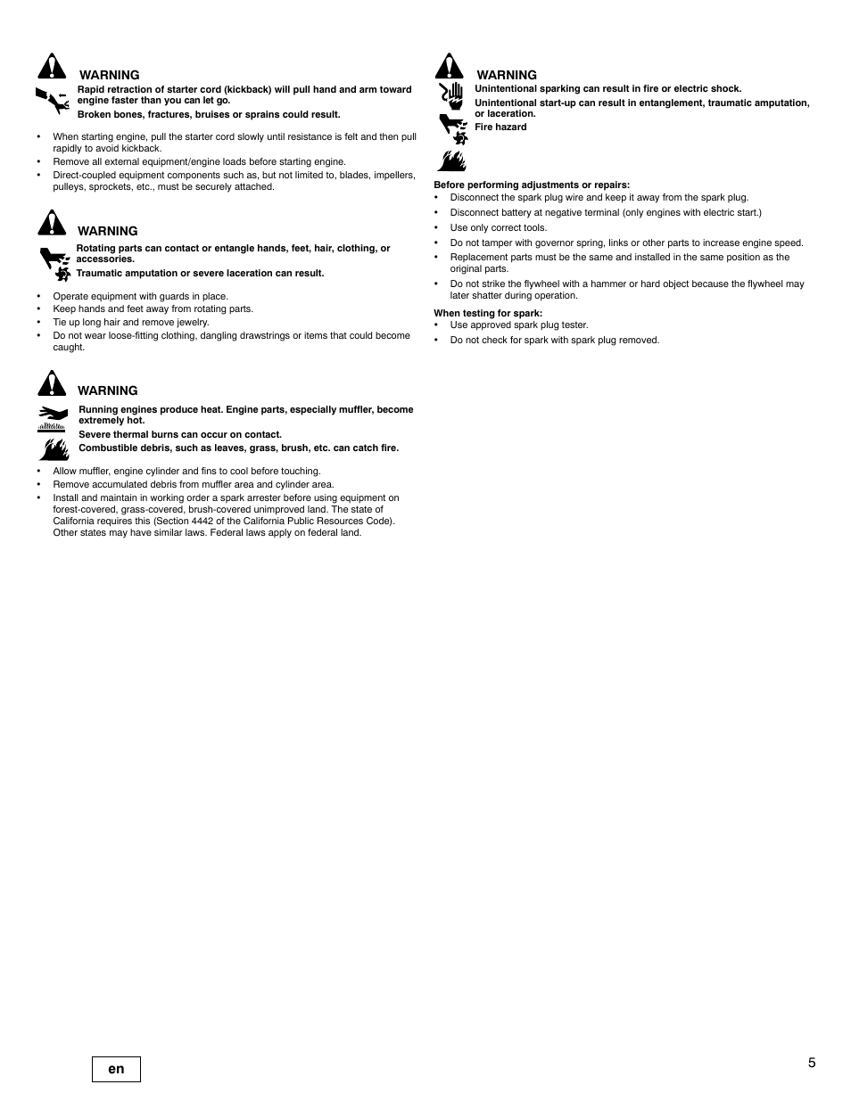 Warning | Briggs & Stratton 540000 User Manual | Page 5 / 28