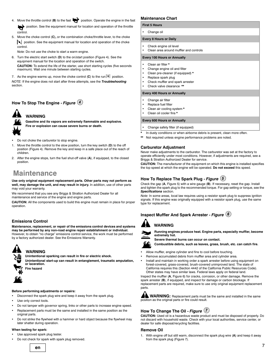 Maintenance, How to stop the engine - figure 4 warning, Emissions control | Warning, Maintenance chart, Carburetor adjustment, How to replace the spark plug - figure 5, Inspect muffler and spark arrester - figure 6, How to change the oil - figure 7, Remove oil | Briggs & Stratton 540000 User Manual | Page 7 / 28