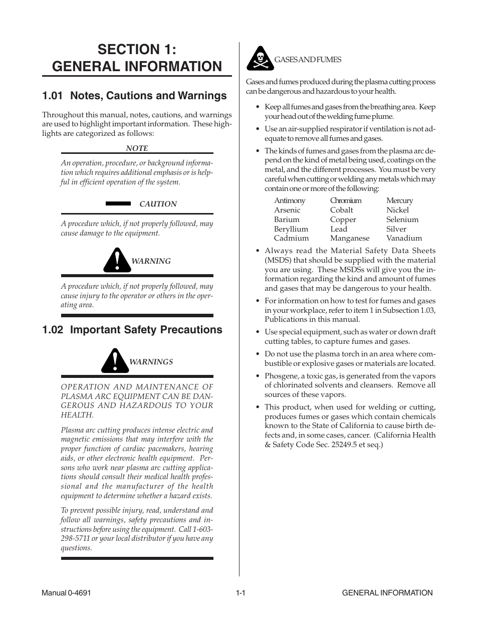 Section 1: general information, 01 notes, cautions and warnings, 02 important safety precautions | Tweco 151 with SL100SV User Manual | Page 9 / 172