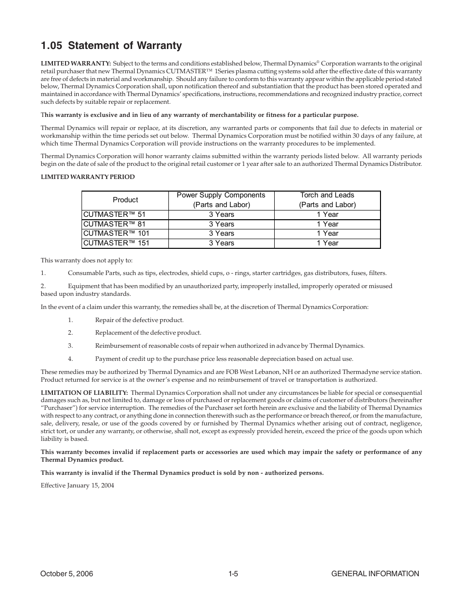 05 statement of warranty, 05 statement of warranty -5 | Tweco 151 CutMaster User Manual | Page 11 / 60