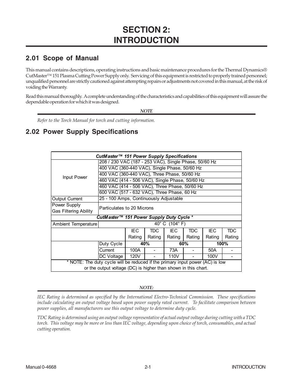 Section 2: introduction, 01 scope of manual, 02 power supply specifications | Section 2, Introduction -1 | Tweco 151 CutMaster User Manual | Page 13 / 60