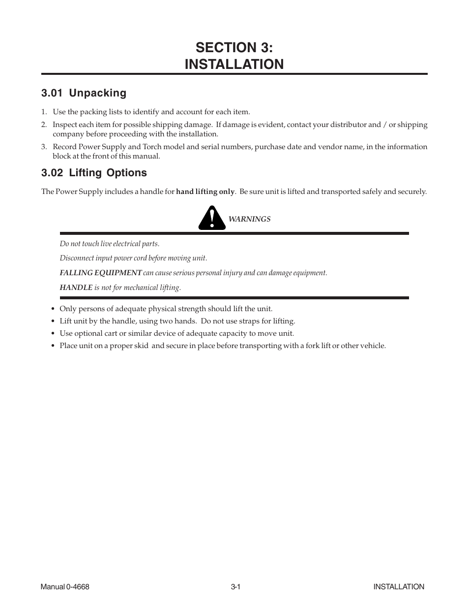 Section 3: installation, 01 unpacking, 02 lifting options | Section 3, Installation -1, 01 unpacking -1 3.02 lifting options -1 | Tweco 151 CutMaster User Manual | Page 17 / 60