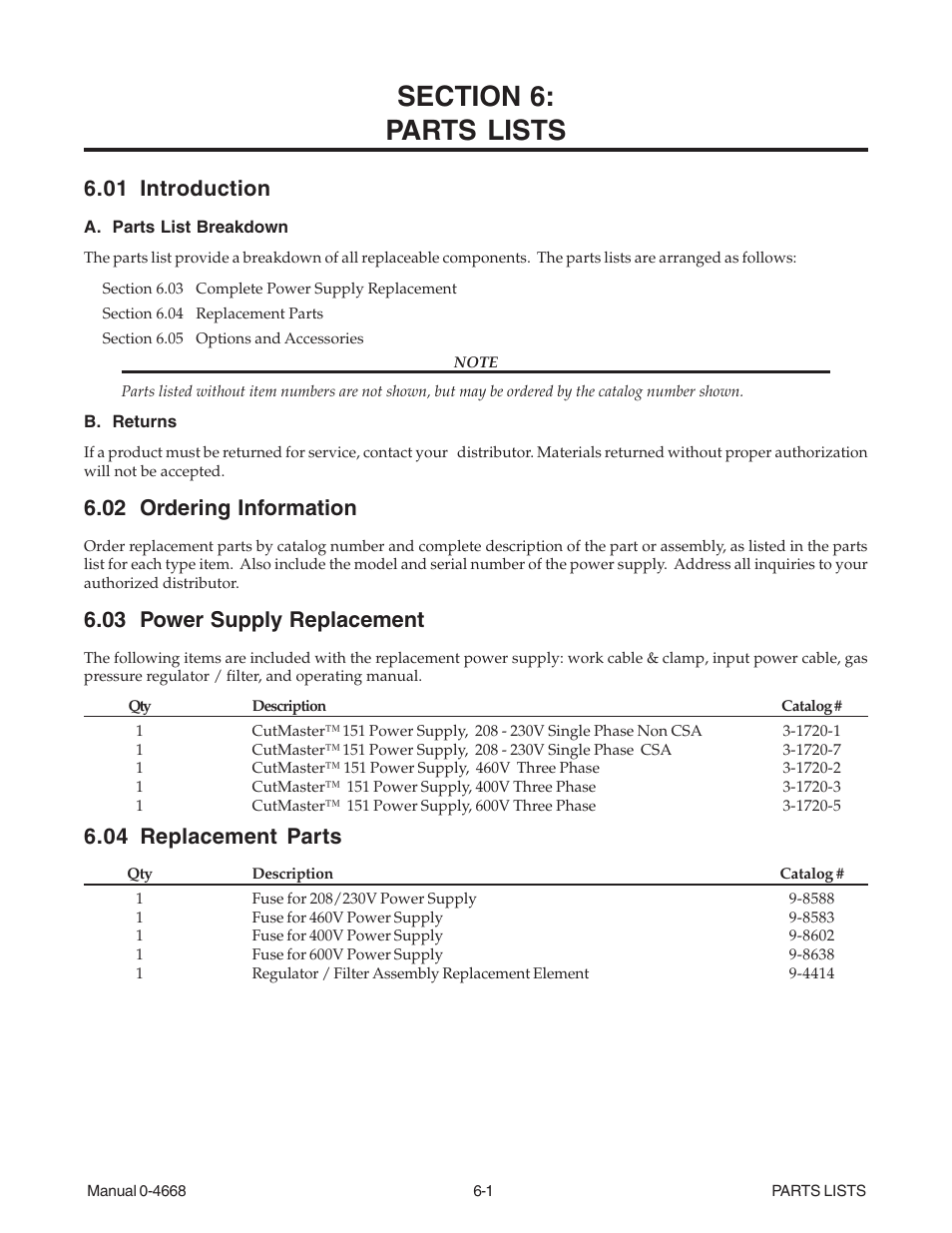 Section 6: parts lists, 01 introduction, 02 ordering information | 03 power supply replacement, 04 replacement parts, Section 6, Parts lists -1 | Tweco 151 CutMaster User Manual | Page 43 / 60