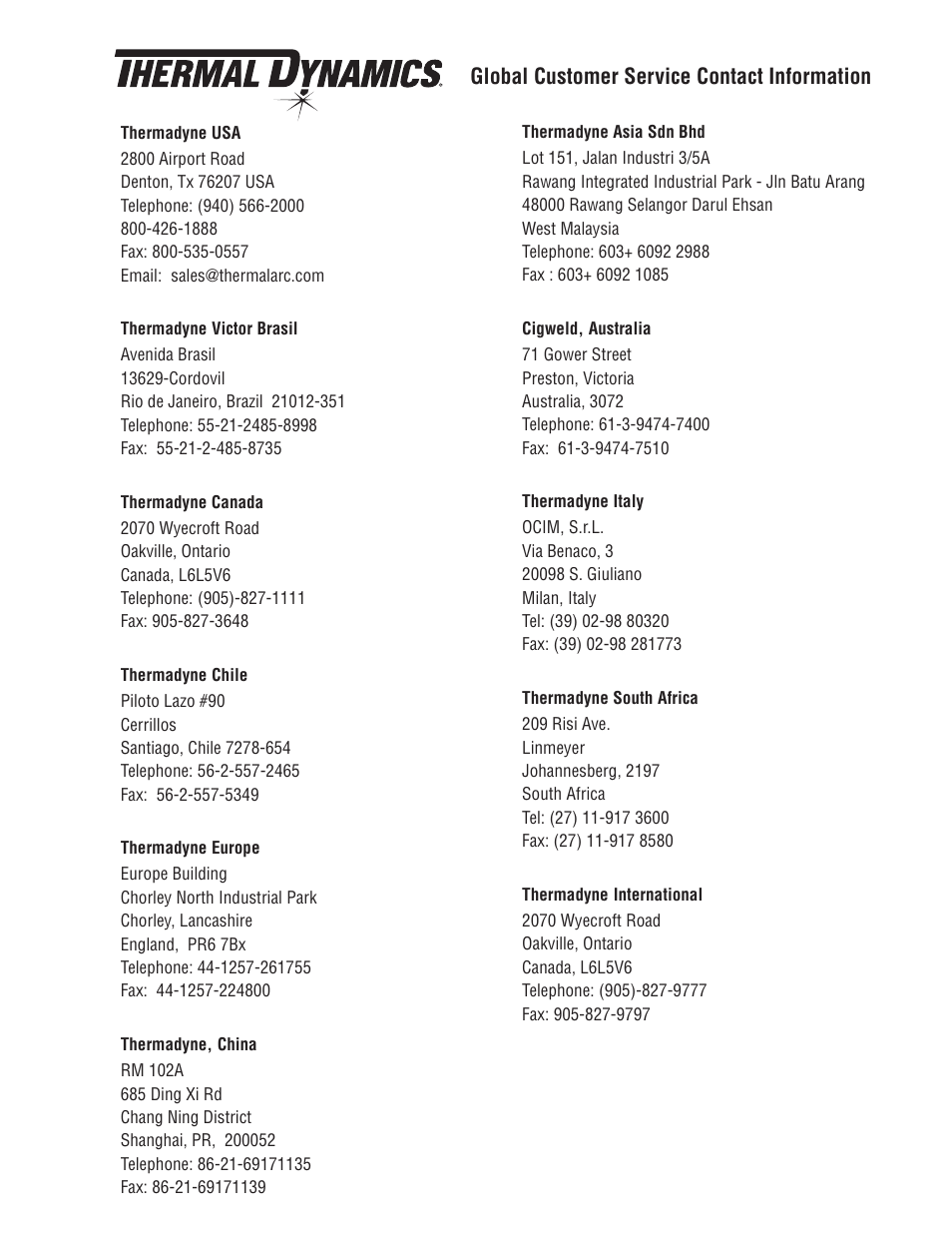 Global customer service contact information | Tweco 151 CutMaster User Manual | Page 59 / 60
