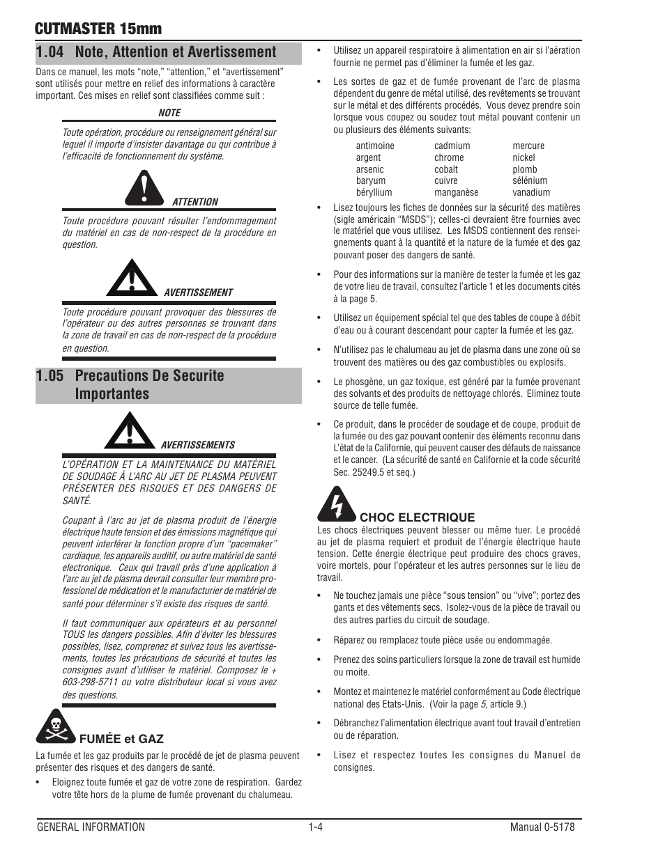 04 note, attention et avertissement, 05 precautions de securite importantes, Note, attention et avertissement -4 | Precautions de securite importantes -4, Cutmaster 15mm | Tweco 15mm Cutmaster User Manual | Page 8 / 44