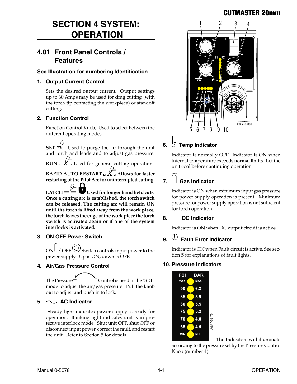 Section 4 system: operation, 01 front panel controls / features, Section 4 system: operation -1 | Front panel controls / features -1, Cutmaster 20mm | Tweco 20mm Cutmaster User Manual | Page 29 / 80