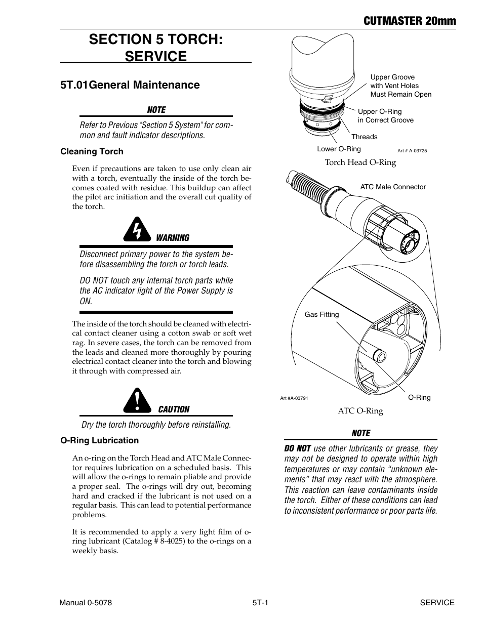 Section 5 torch: service, 5t.01 general maintenance, Section 5 torch: service t-1 | 5t.01 general maintenance t-1, Cutmaster 20mm | Tweco 20mm Cutmaster User Manual | Page 59 / 80