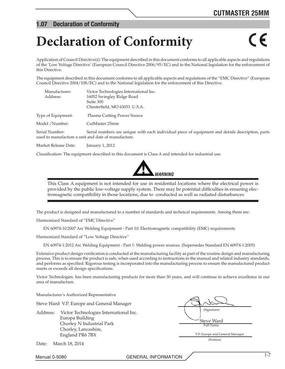 07 declaration of conformity, Declaration of conformity -7, Declaration of conformity | Cutmaster 25mm | Tweco 25mm Cutmaster User Manual | Page 13 / 80