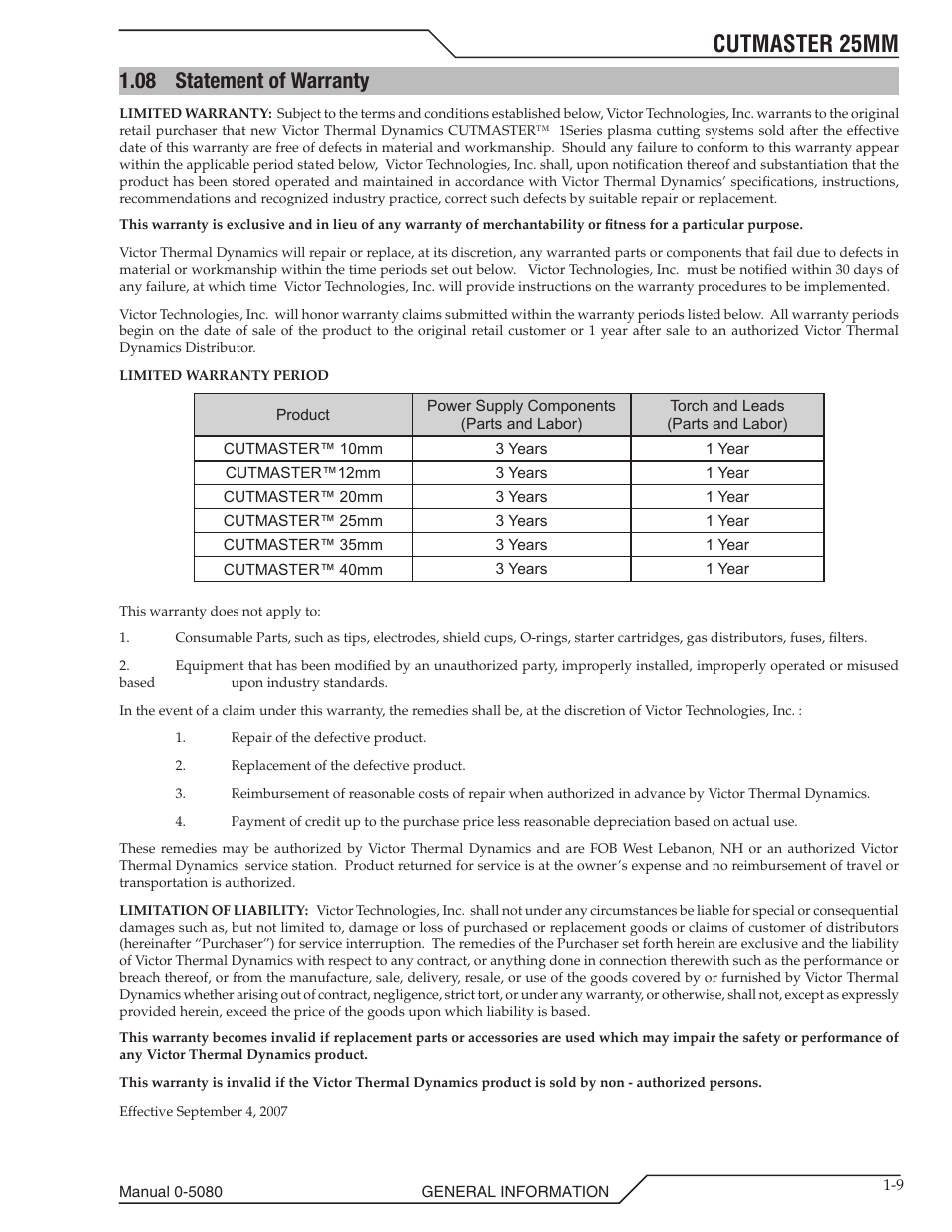 08 statement of warranty, Statement of warranty -9, Cutmaster 25mm | Tweco 25mm Cutmaster User Manual | Page 15 / 80