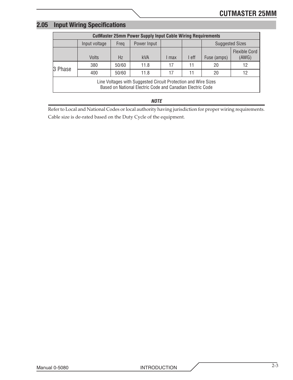 05 input wiring specifications, Input wiring specifications -3, Cutmaster 25mm | Tweco 25mm Cutmaster User Manual | Page 19 / 80