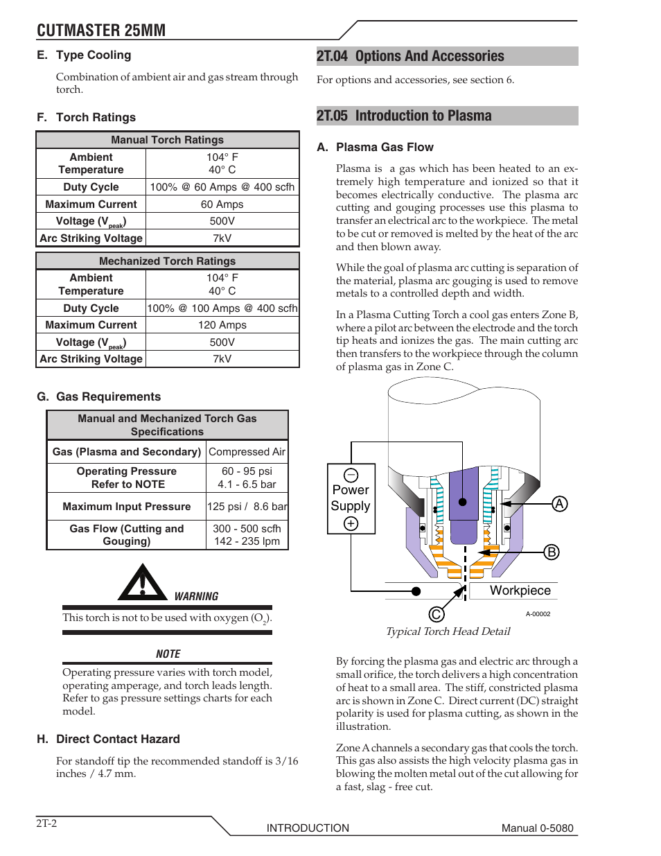 2t.04 options and accessories, 2t.05 introduction to plasma, Cutmaster 25mm | Tweco 25mm Cutmaster User Manual | Page 22 / 80