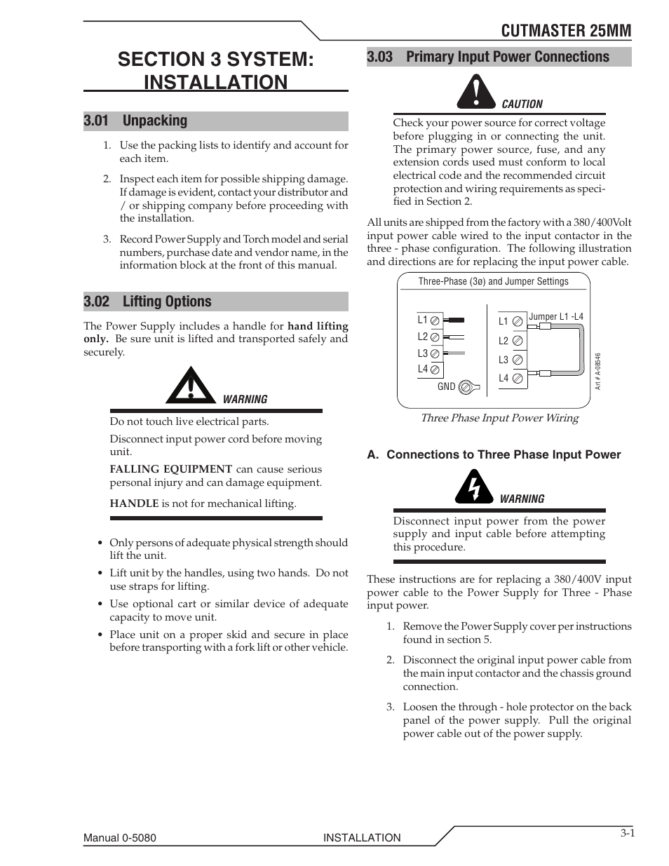 Section 3 system: installation, 01 unpacking, 02 lifting options | 03 primary input power connections, Section 3 system, Installation -1, 01 unpacking -1 3.02, Lifting options -1, Primary input power connections -1, Cutmaster 25mm | Tweco 25mm Cutmaster User Manual | Page 25 / 80