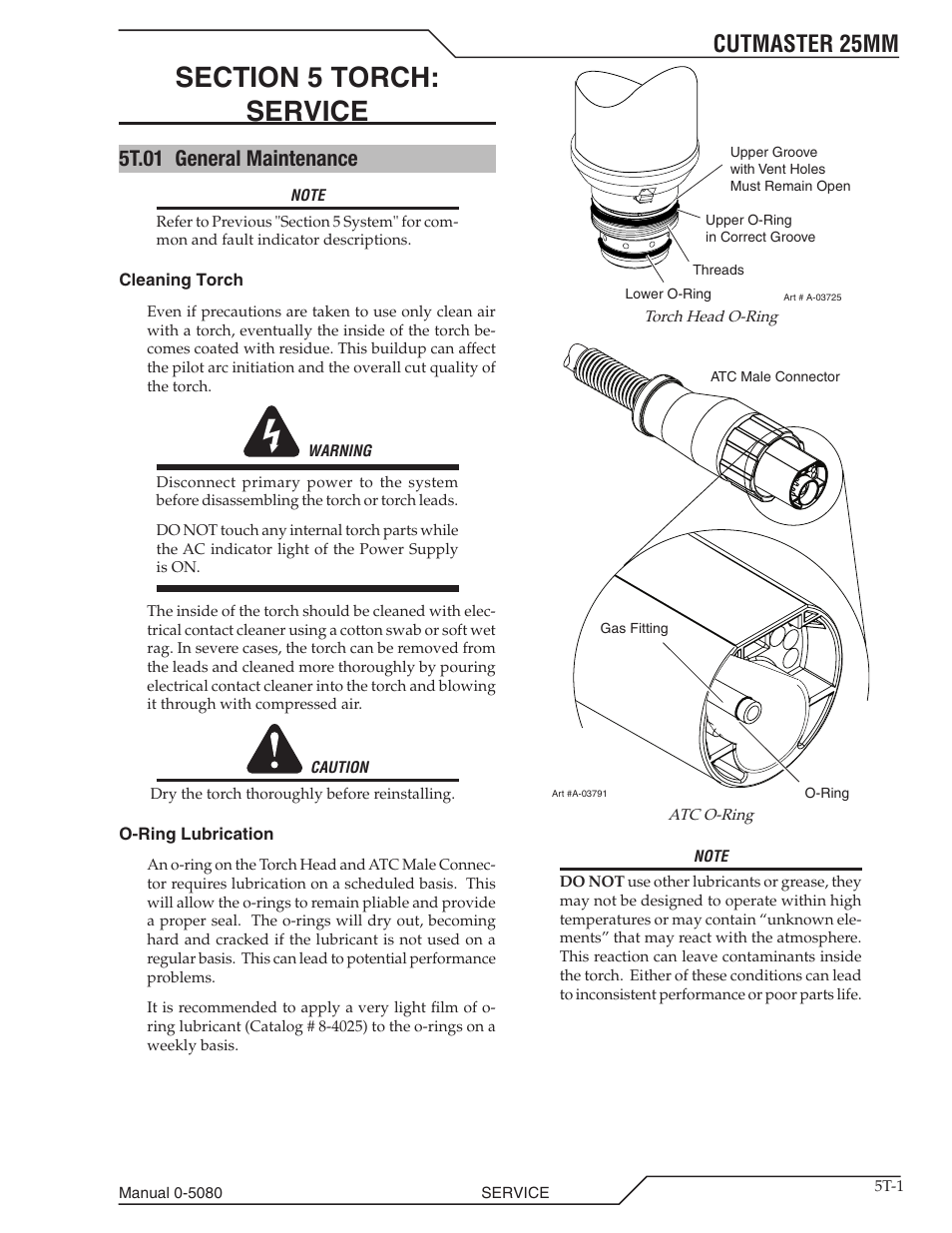 Section 5 torch: service, 5t.01 general maintenance, Section 5 torch | Service t-1, 5t.01 general maintenance t-1, Cutmaster 25mm | Tweco 25mm Cutmaster User Manual | Page 61 / 80