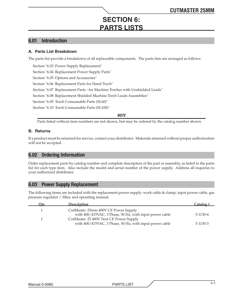 Section 6: parts lists, 01 introduction, 02 ordering information | 03 power supply replacement, Section 6, Parts lists -1, 01 introduction -1 6.02, Ordering information -1, Power supply replacement -1, Cutmaster 25mm | Tweco 25mm Cutmaster User Manual | Page 63 / 80