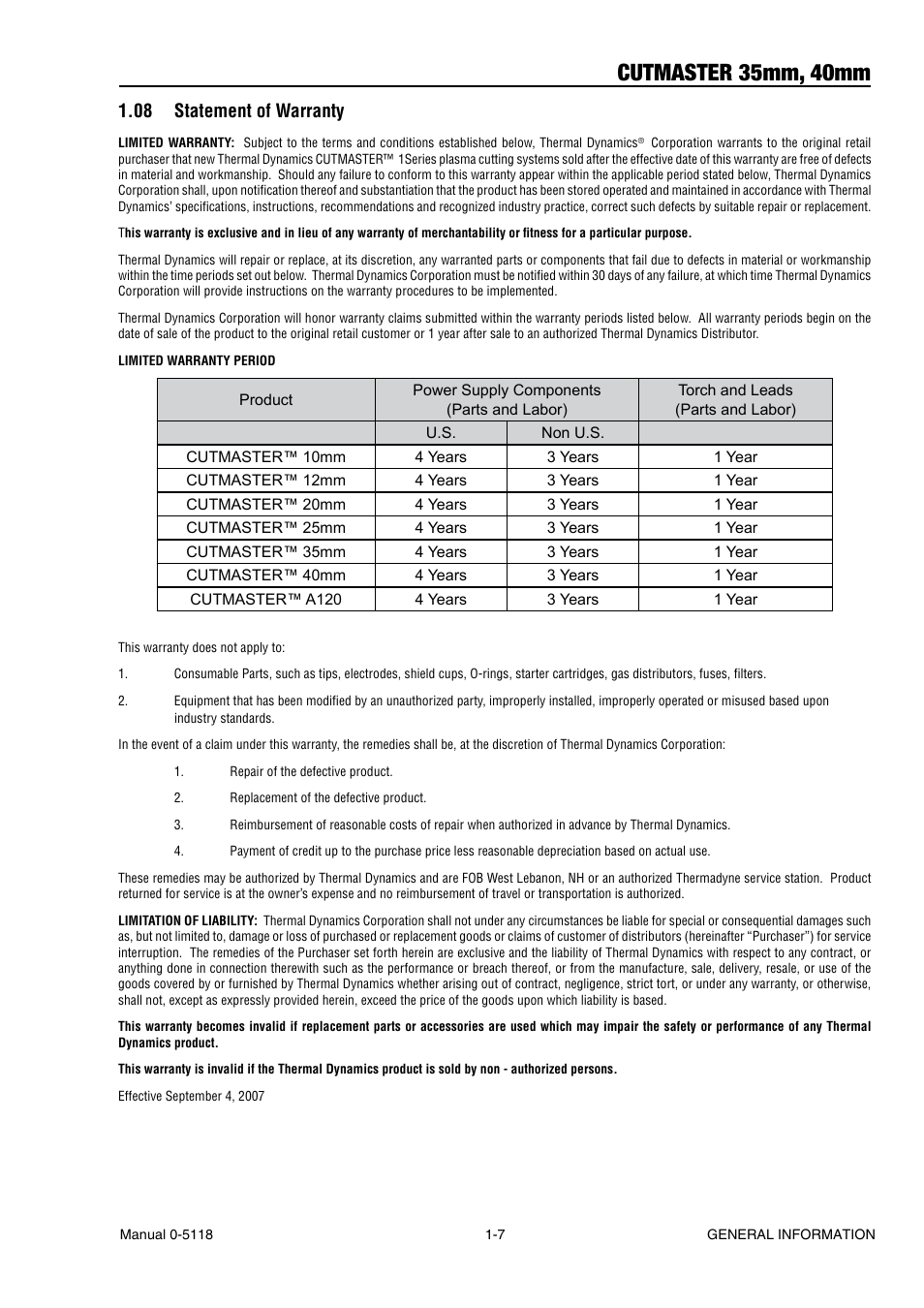 08 statement of warranty, Statement of warranty -7, Cutmaster 35mm, 40mm | Tweco CutMaster 35mm 40mm User Manual | Page 13 / 80