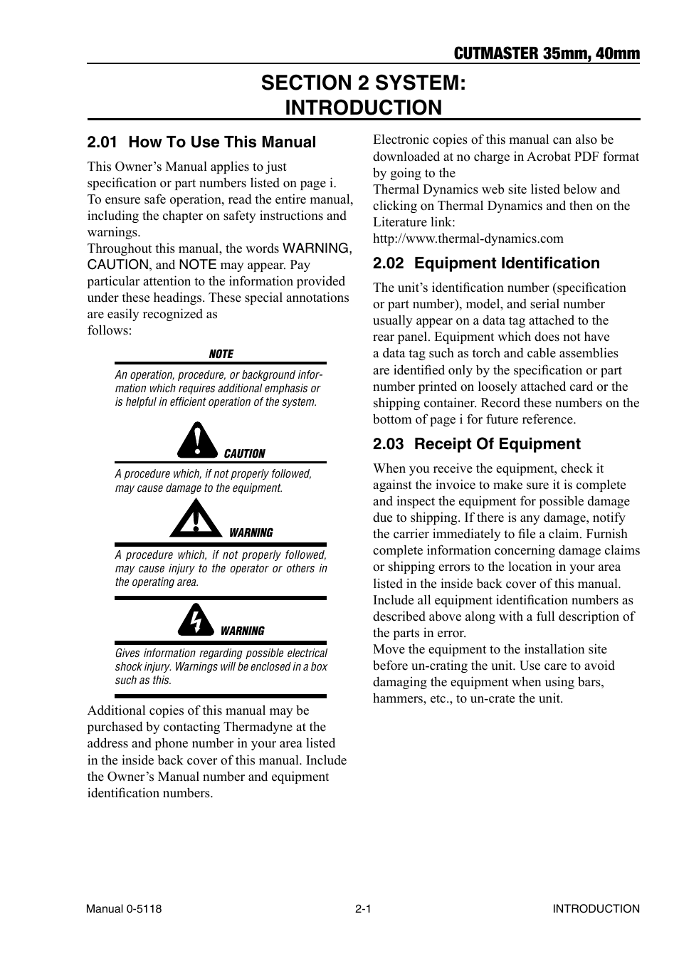 Section 2 system: introduction, 01 how to use this manual, 02 equipment identification | 03 receipt of equipment, Section 2 system: introduction -1, How to use this manual -1, Equipment identification -1, Receipt of equipment -1, Cutmaster 35mm, 40mm | Tweco CutMaster 35mm 40mm User Manual | Page 15 / 80